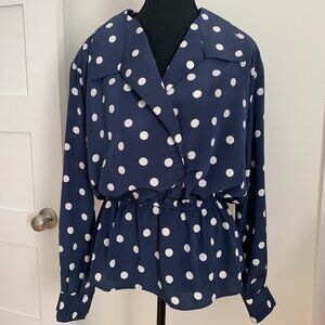 Vintage Regina Porter Navy Blue Polka Dot Wrap Effect Blouse - Size 12